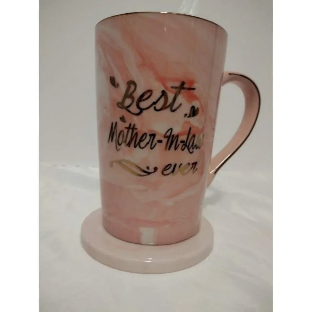 - Mother In Law Coffee Mug Gift Set Pink Marbled Ceramic Gold Trim letter,…